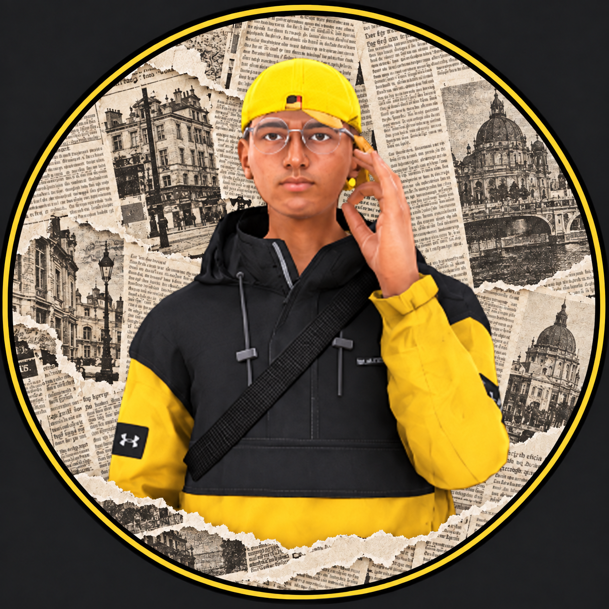 Portrait circulaire d’un homme en casquette et veste jaunes devant un collage de journaux