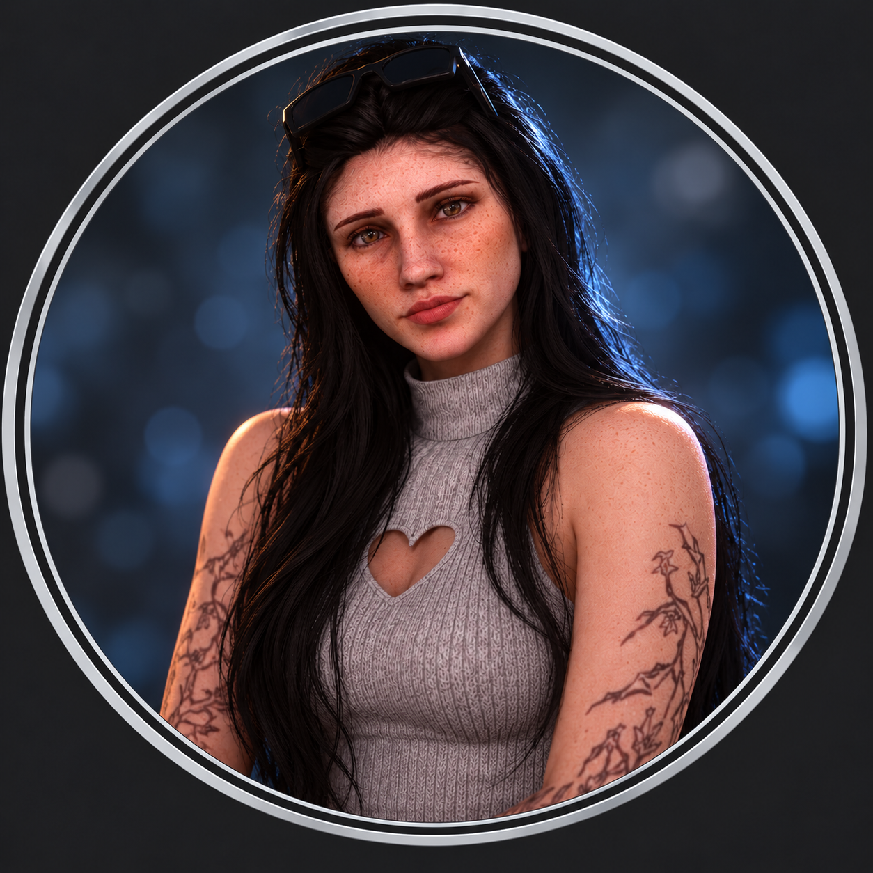 Portrait circulaire d’une femme en haut gris avec une bordure argentée et un fond bleu