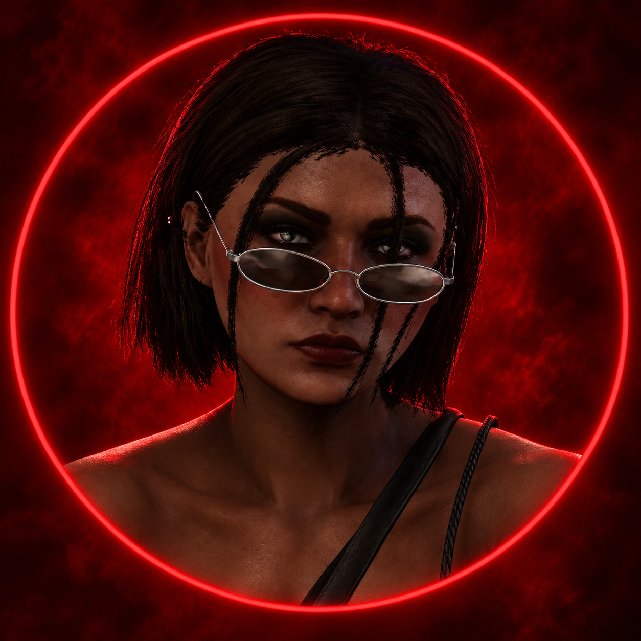 Portrait de Vanna à lunettes dans un cercle néon rouge